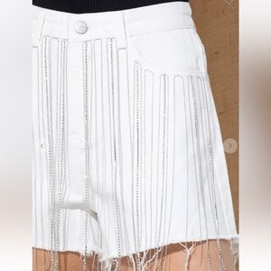 White Denim Rhinestone Fringe Shorts